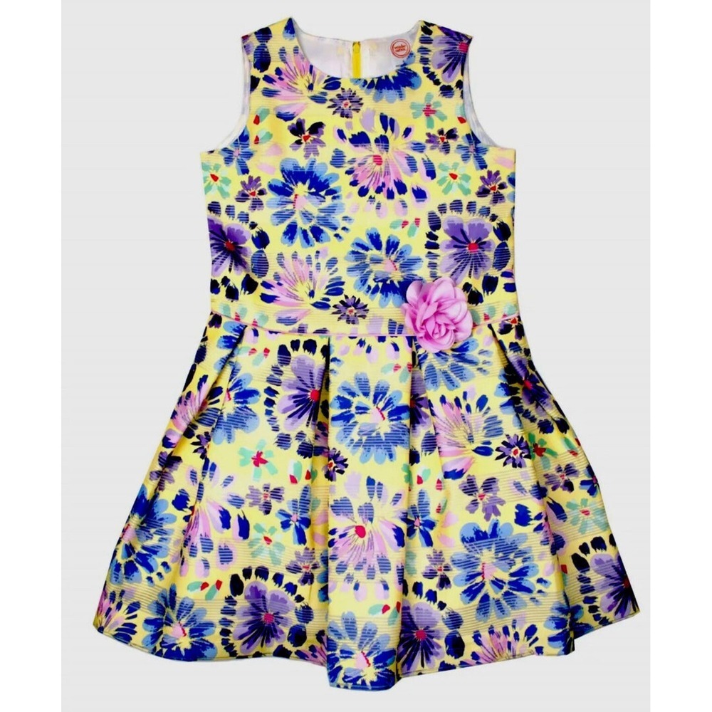 Wonder Nation Girls Yellow Floral Print Dress with Flower Accent Size 6